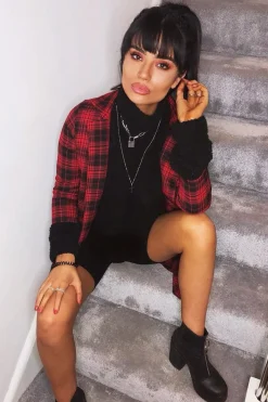 Rebellious Fashion Red Black Check Longline Blazer - Wrenn