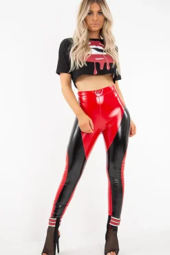 Rebellious Fashion Red Black Colour Block Shiny Vinyl Leggings - Nelly