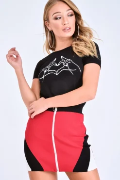 Rebellious Fashion Red Black Knit Colour Block Zip Front Mini Skirt - Aariel