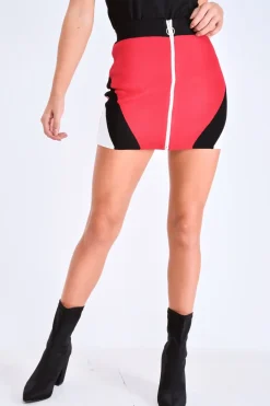 Rebellious Fashion Red Black Knit Colour Block Zip Front Mini Skirt - Aariel