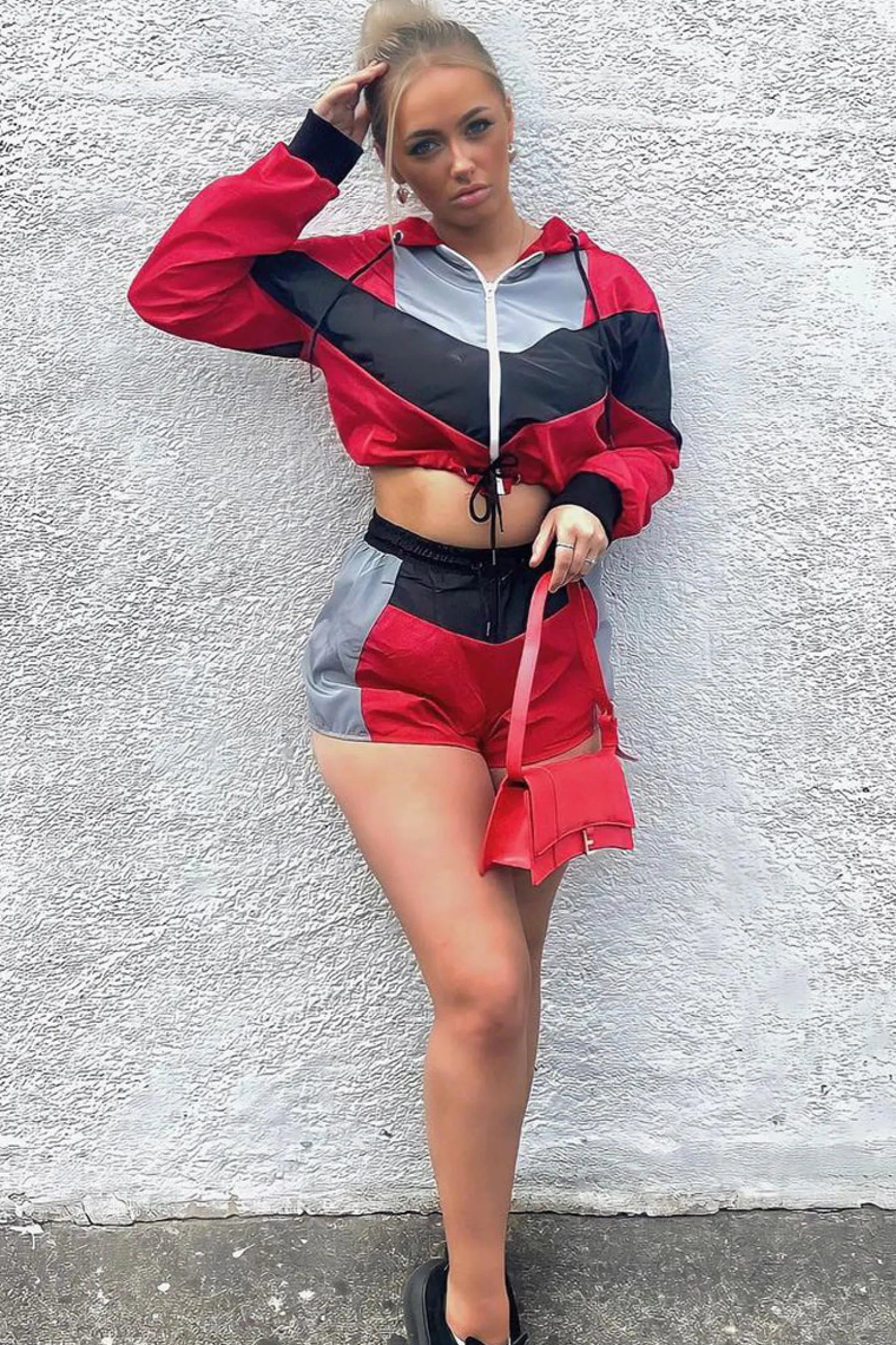 Rebellious Fashion Red Black Shell Hooded Jacket & Shorts - Jettie