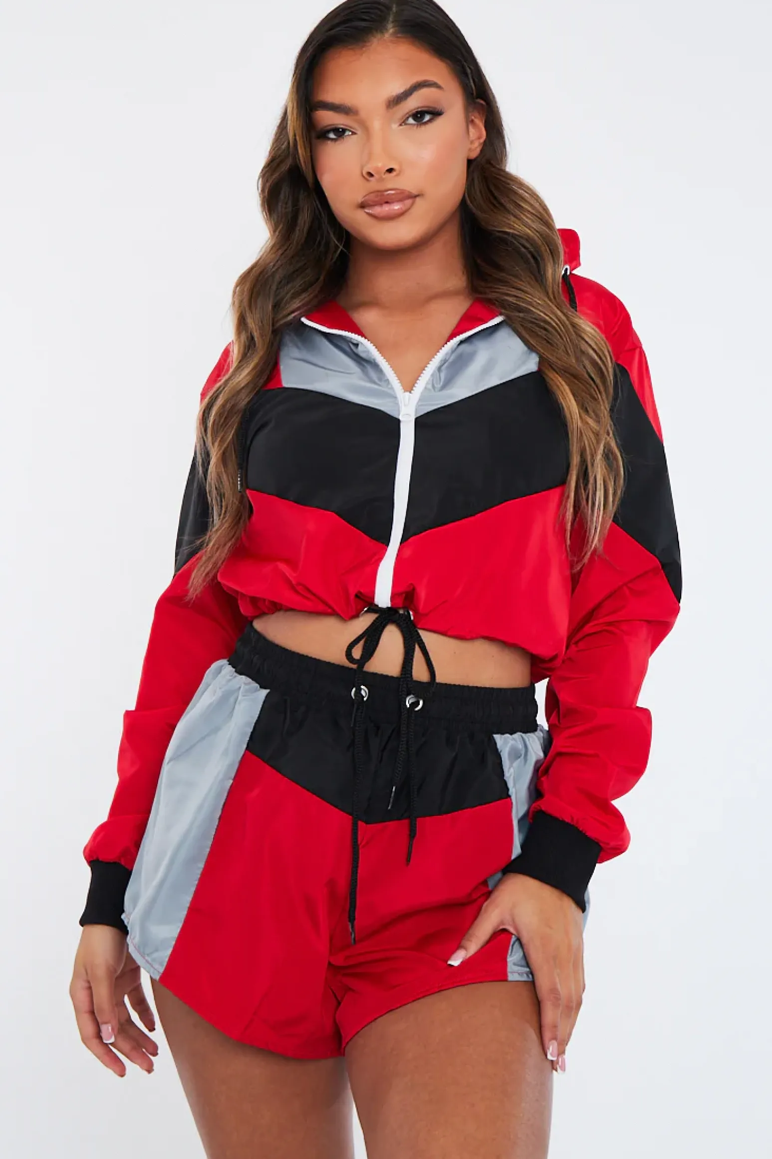 Rebellious Fashion Red Black Shell Hooded Jacket & Shorts - Jettie