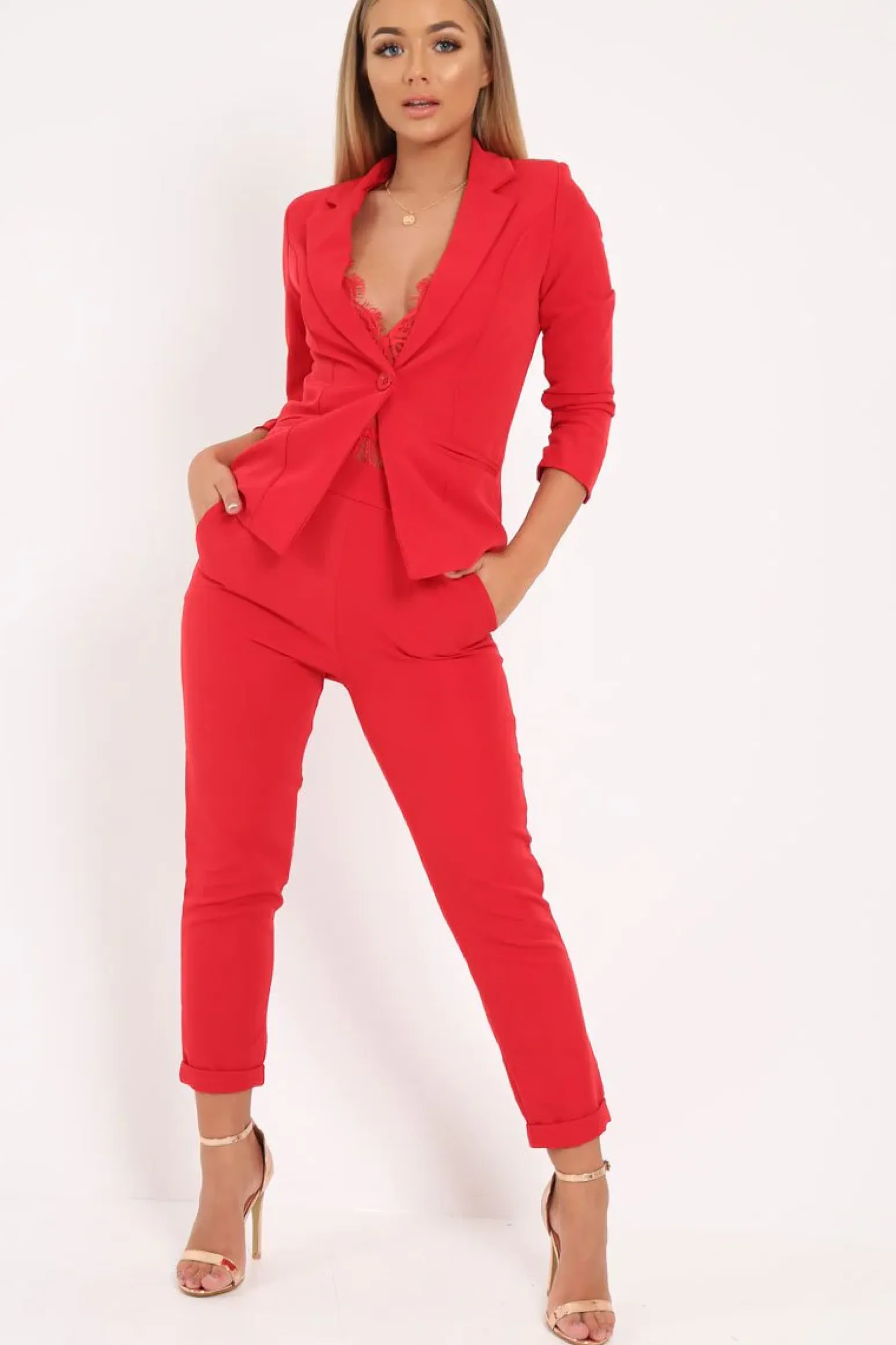 Rebellious Fashion Red Blazer and Trousers Co-Ord - Rossie