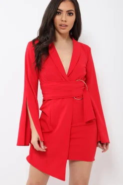 Rebellious Fashion Red Blazer Dress with Ring Belt Detail - Emilie