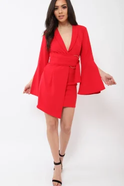 Rebellious Fashion Red Blazer Dress with Ring Belt Detail - Emilie