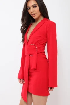 Rebellious Fashion Red Blazer Dress with Ring Belt Detail - Emilie