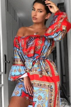 Rebellious Fashion Red Blue Bardot Belted Scarf Print Dress - Kessa