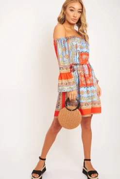 Rebellious Fashion Red Blue Bardot Belted Scarf Print Dress - Kessa