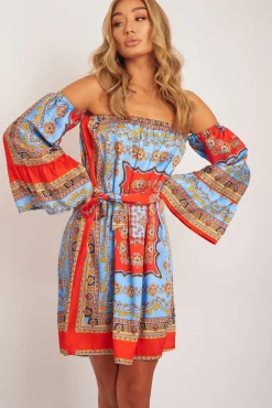 Rebellious Fashion Red Blue Bardot Belted Scarf Print Dress - Kessa
