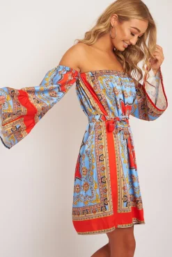 Rebellious Fashion Red Blue Bardot Belted Scarf Print Dress - Kessa