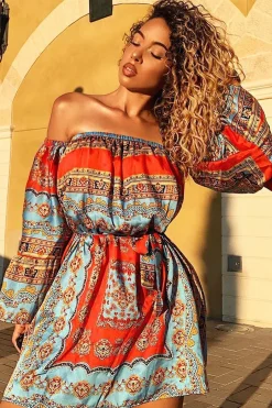 Rebellious Fashion Red Blue Bardot Belted Scarf Print Dress - Kessa
