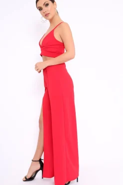 Rebellious Fashion Red Bralet and Split Front Wide Trousers Co-ord - Alesana