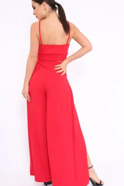 Rebellious Fashion Red Bralet and Split Front Wide Trousers Co-ord - Alesana