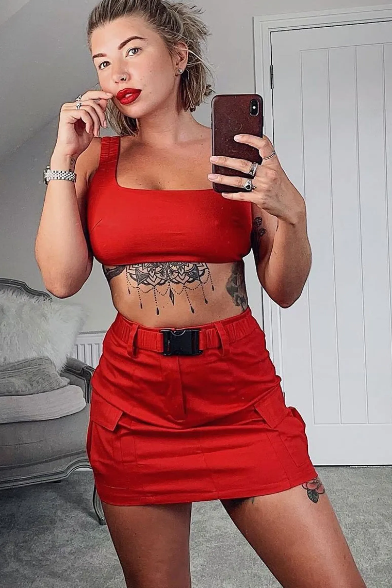 Rebellious Fashion Red Buckle Cargo Skirt and Crop Top Co-ord - Naliyah