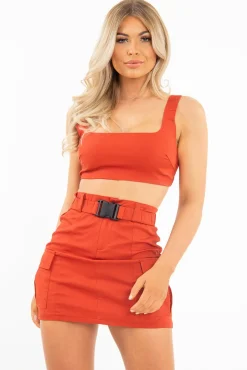 Rebellious Fashion Red Buckle Cargo Skirt and Crop Top Co-ord - Naliyah