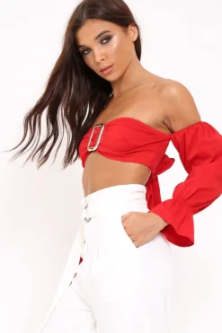 Rebellious Fashion Red Buckle Front Extreme Bardot Crop Top - Theora