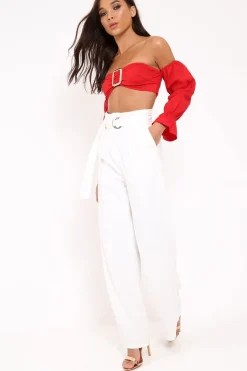Rebellious Fashion Red Buckle Front Extreme Bardot Crop Top - Theora