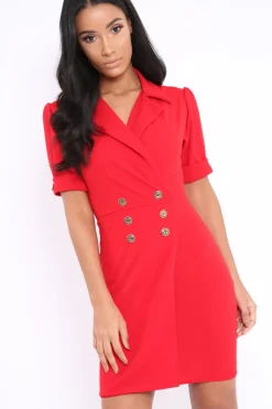 Rebellious Fashion Red Button Detail Plunge Wrap Blazer Dress - Aizah