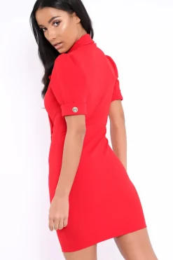 Rebellious Fashion Red Button Detail Plunge Wrap Blazer Dress - Aizah