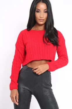 Rebellious Fashion Red Cable Knit Cropped Jumper - Georgie