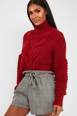 Rebellious Fashion Red Cable Knit Sleeve Detail Jumper - Miyonna