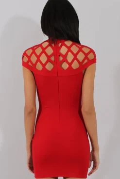 Rebellious Fashion Red Cage High Neck Bodycon Dress- Kade
