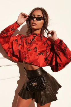 Rebellious Fashion Red Camo Cropped Batwing Jumper - Lizy
