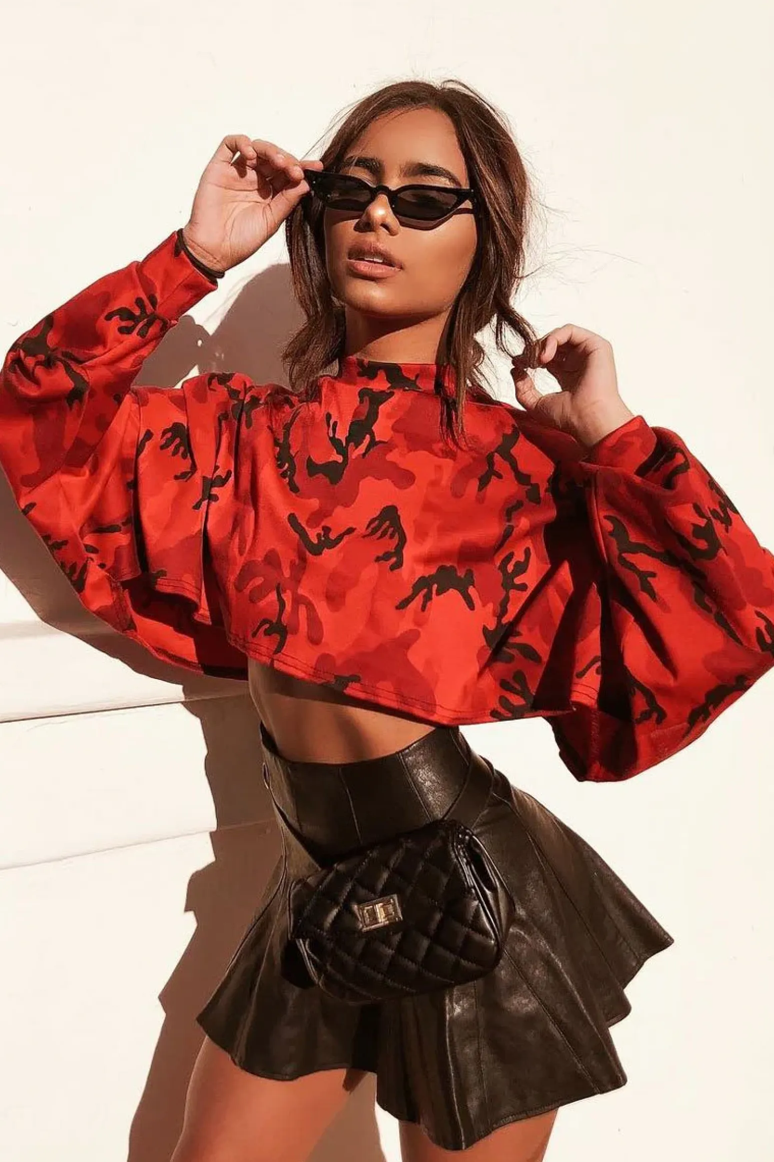 Rebellious Fashion Red Camo Cropped Batwing Jumper - Lizy