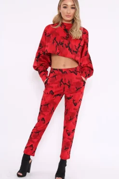 Rebellious Fashion Red Camo Cropped Batwing Jumper - Lizy