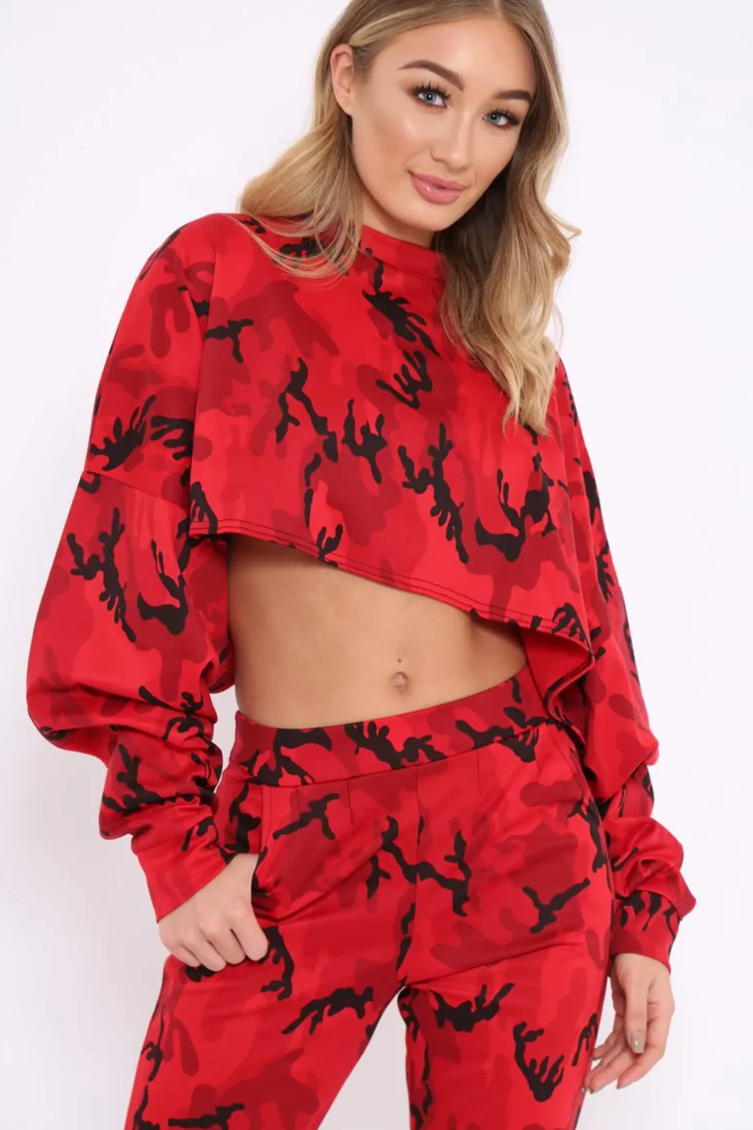 Rebellious Fashion Red Camo Cropped Batwing Jumper - Lizy
