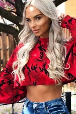 Rebellious Fashion Red Camo Cropped Batwing Jumper - Lizy