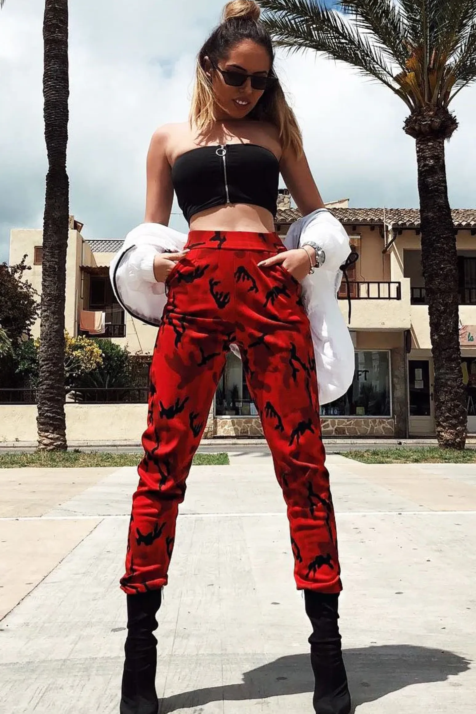 Rebellious Fashion Red Camo Print Trousers - Lyza