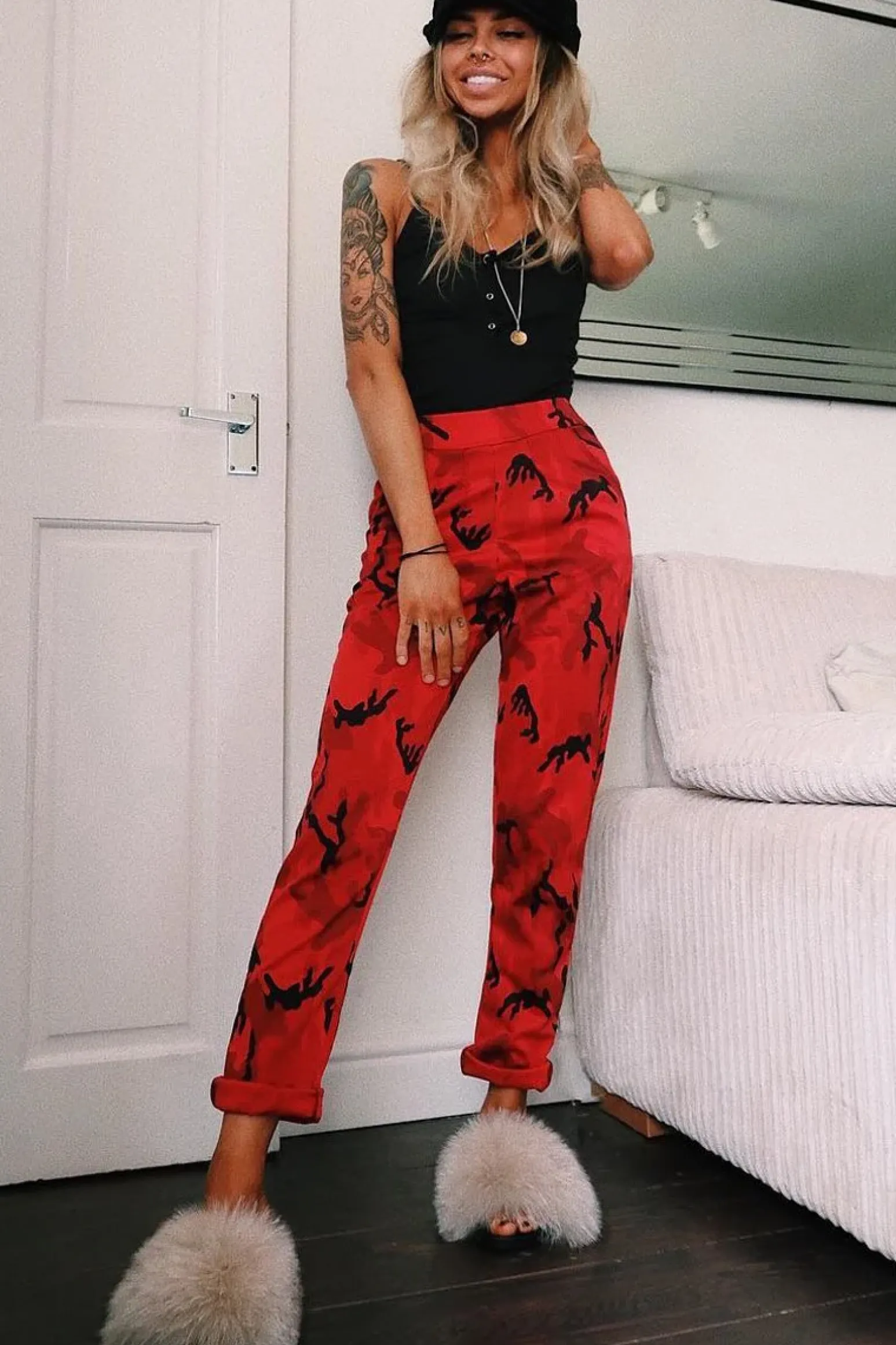 Rebellious Fashion Red Camo Print Trousers - Lyza