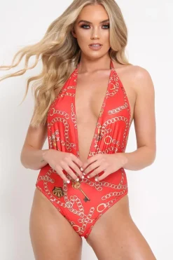 Rebellious Fashion Red Chain Print Plunge Halterneck Swimsuit - Leighla