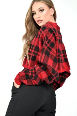 Rebellious Fashion Red Check Batwing Crop Knit Jumper - Marisa