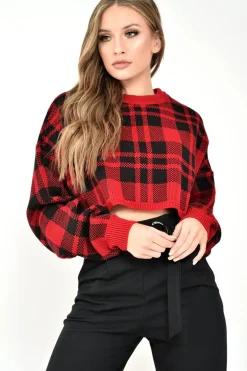 Rebellious Fashion Red Check Batwing Crop Knit Jumper - Marisa