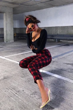 Rebellious Fashion Red Check Belted Tapered Trousers - Reanne