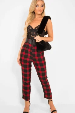Rebellious Fashion Red Check Belted Tapered Trousers - Reanne