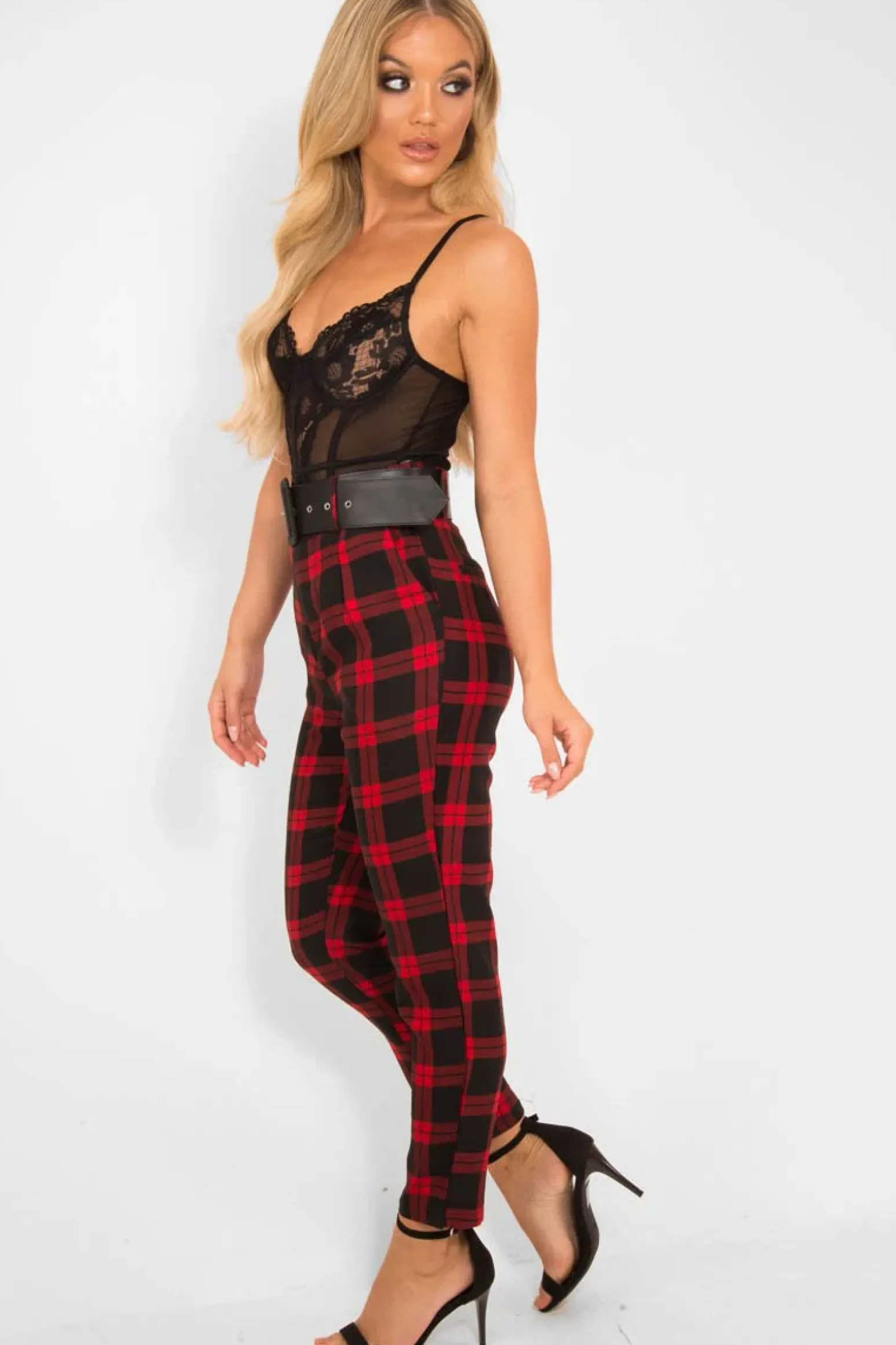 Rebellious Fashion Red Check Belted Tapered Trousers - Reanne