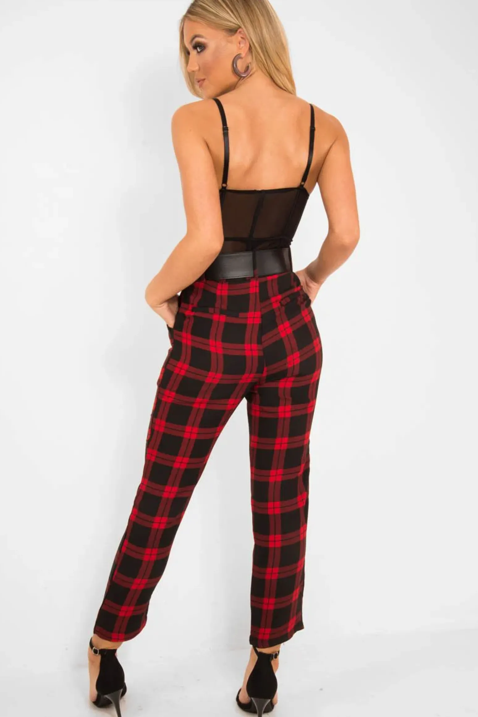 Rebellious Fashion Red Check Belted Tapered Trousers - Reanne