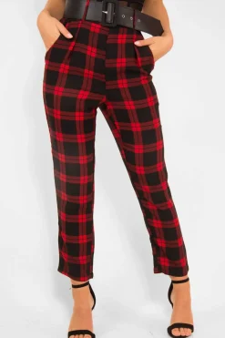 Rebellious Fashion Red Check Belted Tapered Trousers - Reanne