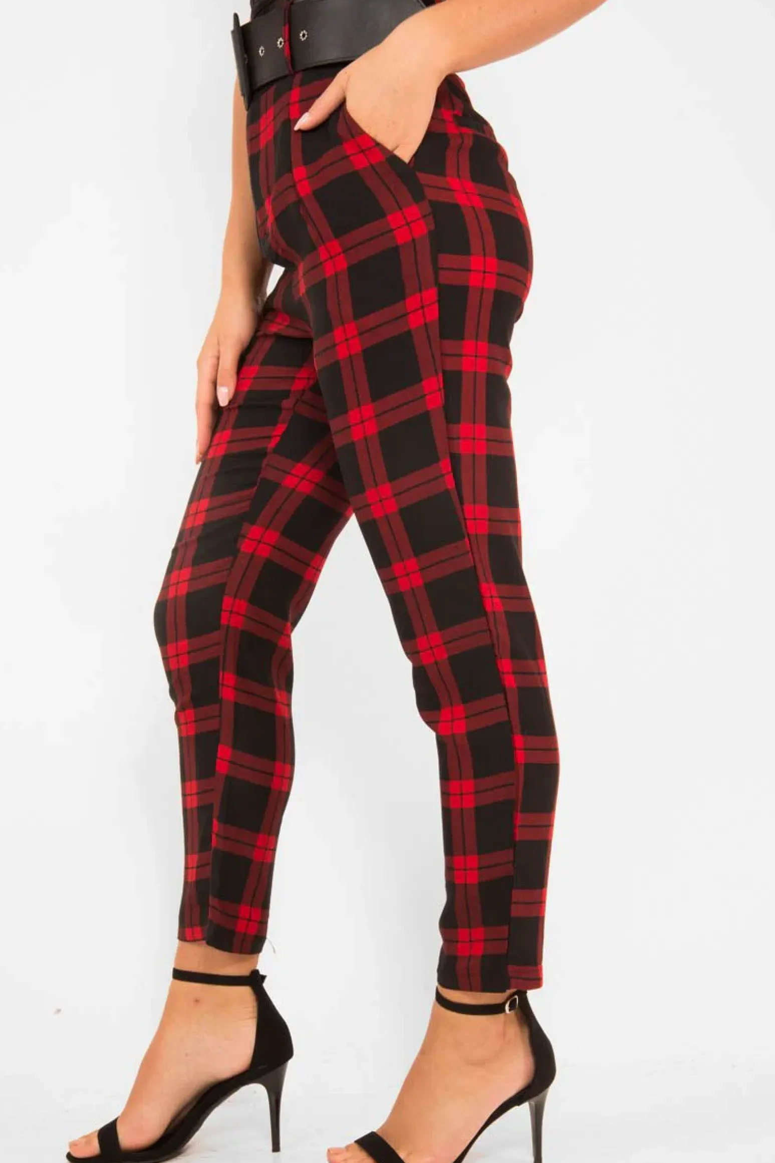 Rebellious Fashion Red Check Belted Tapered Trousers - Reanne