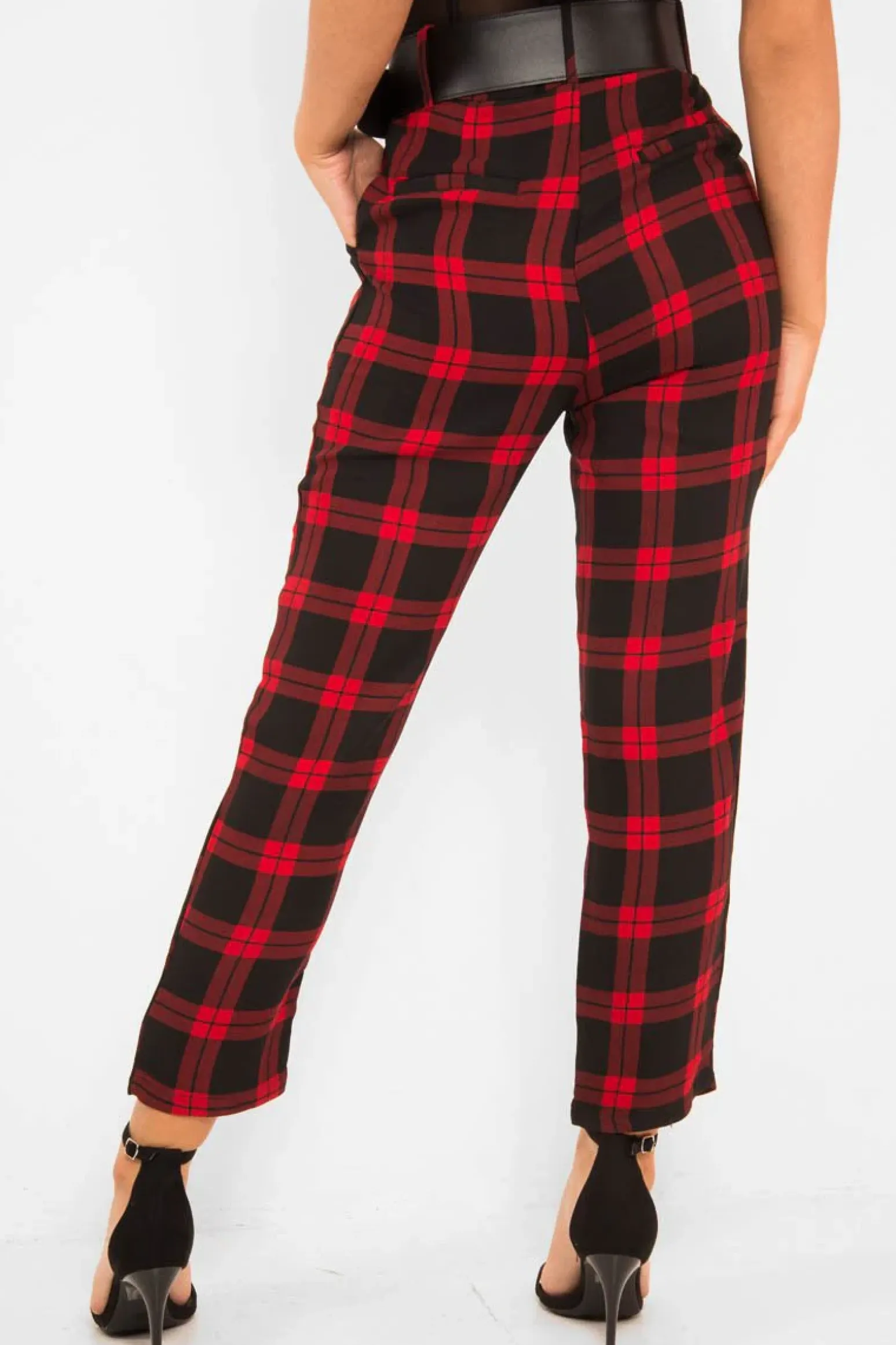 Rebellious Fashion Red Check Belted Tapered Trousers - Reanne