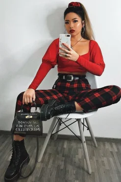 Rebellious Fashion Red Check Belted Tapered Trousers - Reanne