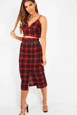 Rebellious Fashion Red Check Bralet And Midi Skirt Co-ord - Caden
