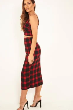 Rebellious Fashion Red Check Bralet And Midi Skirt Co-ord - Caden