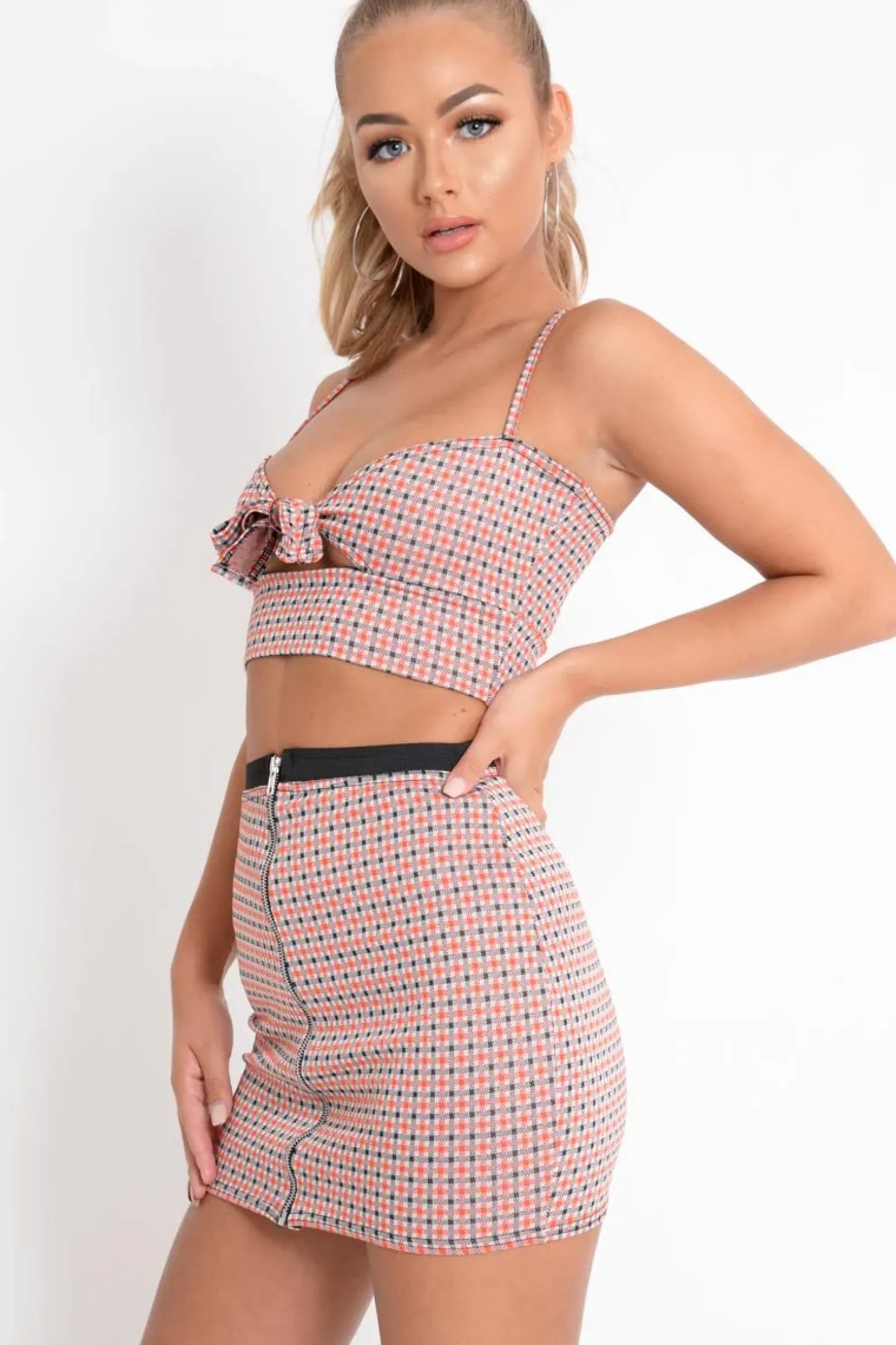Rebellious Fashion Red Check Bralet and Skirt Co-Ord - Emileigh