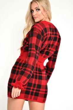 Rebellious Fashion Red Check Frill Cuff Knit Jumper - Lanelle
