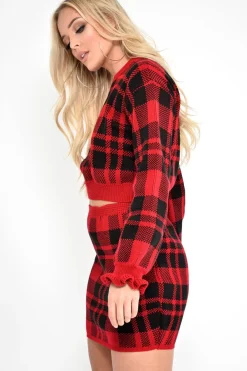 Rebellious Fashion Red Check Frill Cuff Knit Jumper - Lanelle