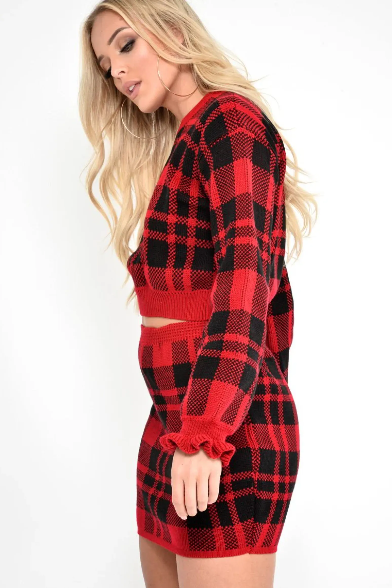 Rebellious Fashion Red Check Frill Cuff Knit Jumper - Lanelle